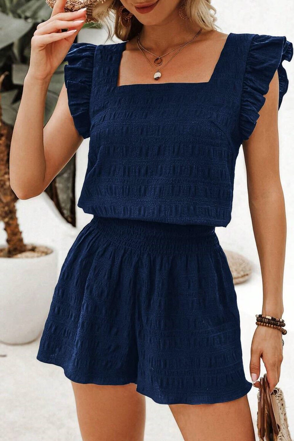 Black Textured Square Neck Top and Shirred High Waist Shorts Set