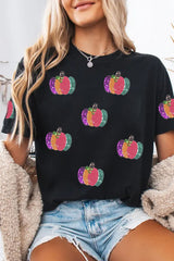 Black Sequined Pumpkin Graphic Round Neck Casual T Shirt