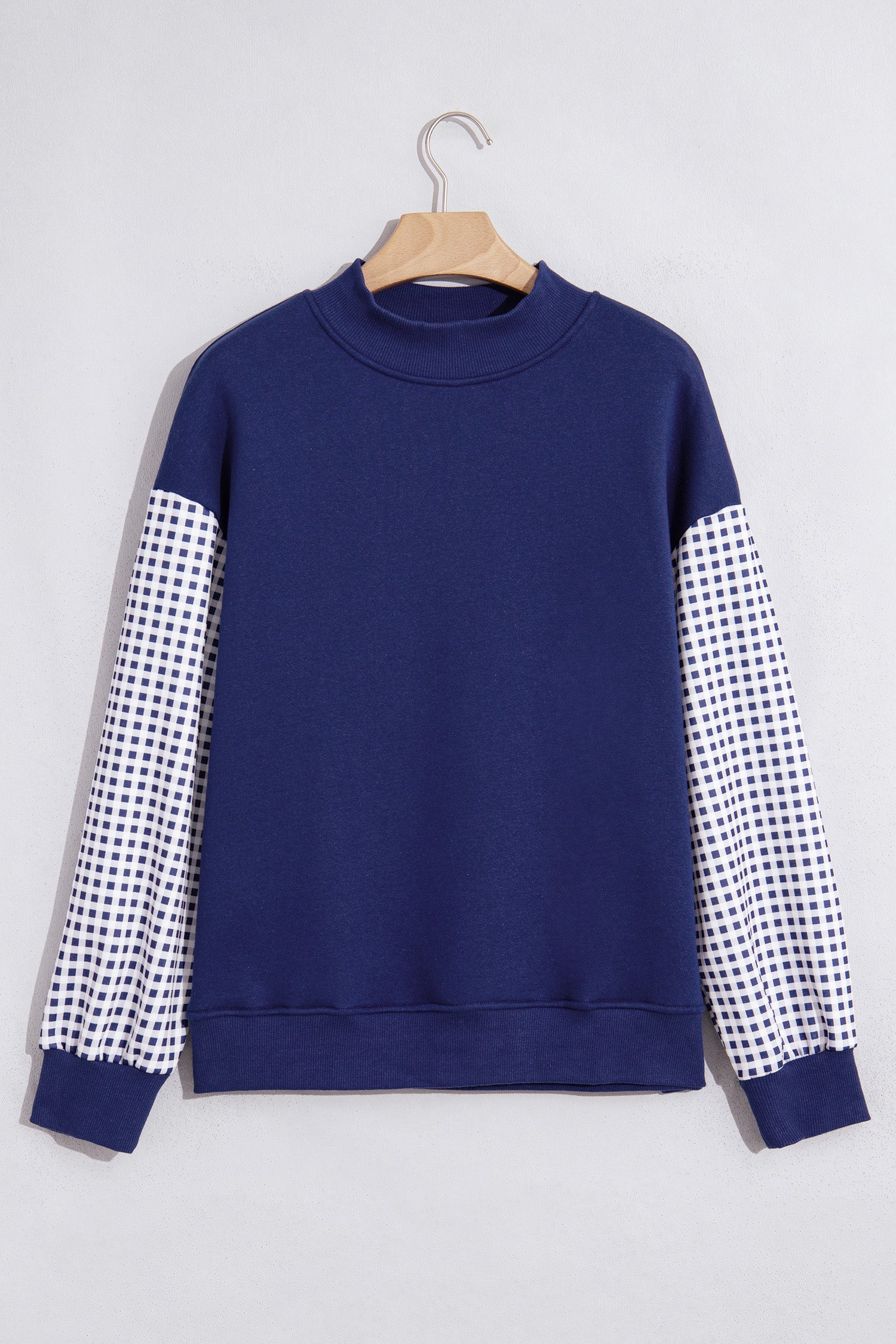 Dirty blue Plaid Sleeve Colorblock Loose Tunic Sweatshirt