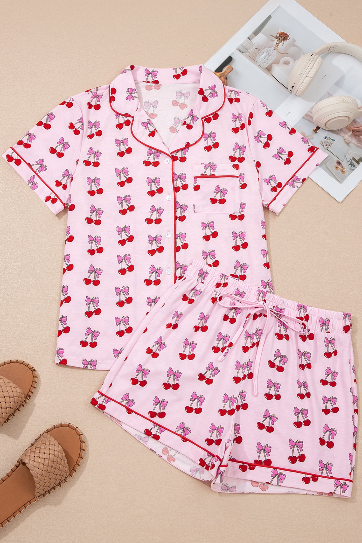 Pink Cherry/Bow Print Short Pajama Set