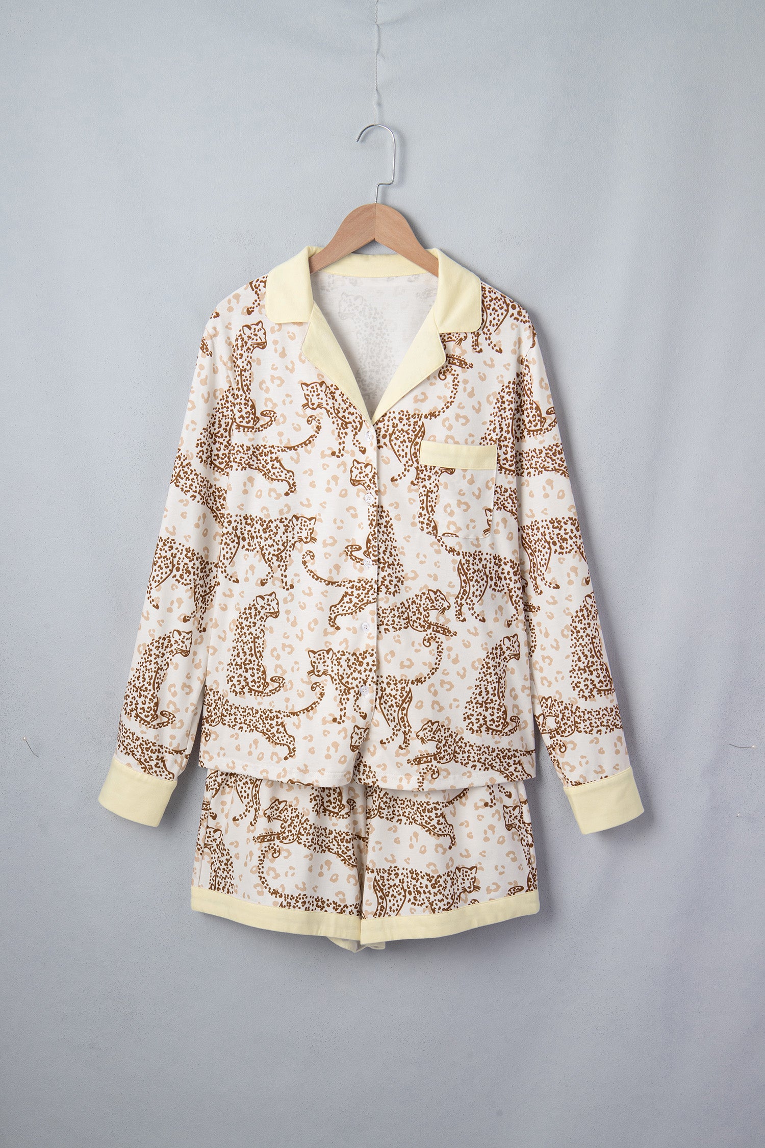 Yellow Leopard Print Colorblock Pocket Placket Long Sleeve Lounge Set