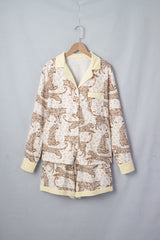 Yellow Leopard Print Colorblock Pocket Placket Long Sleeve Lounge Set
