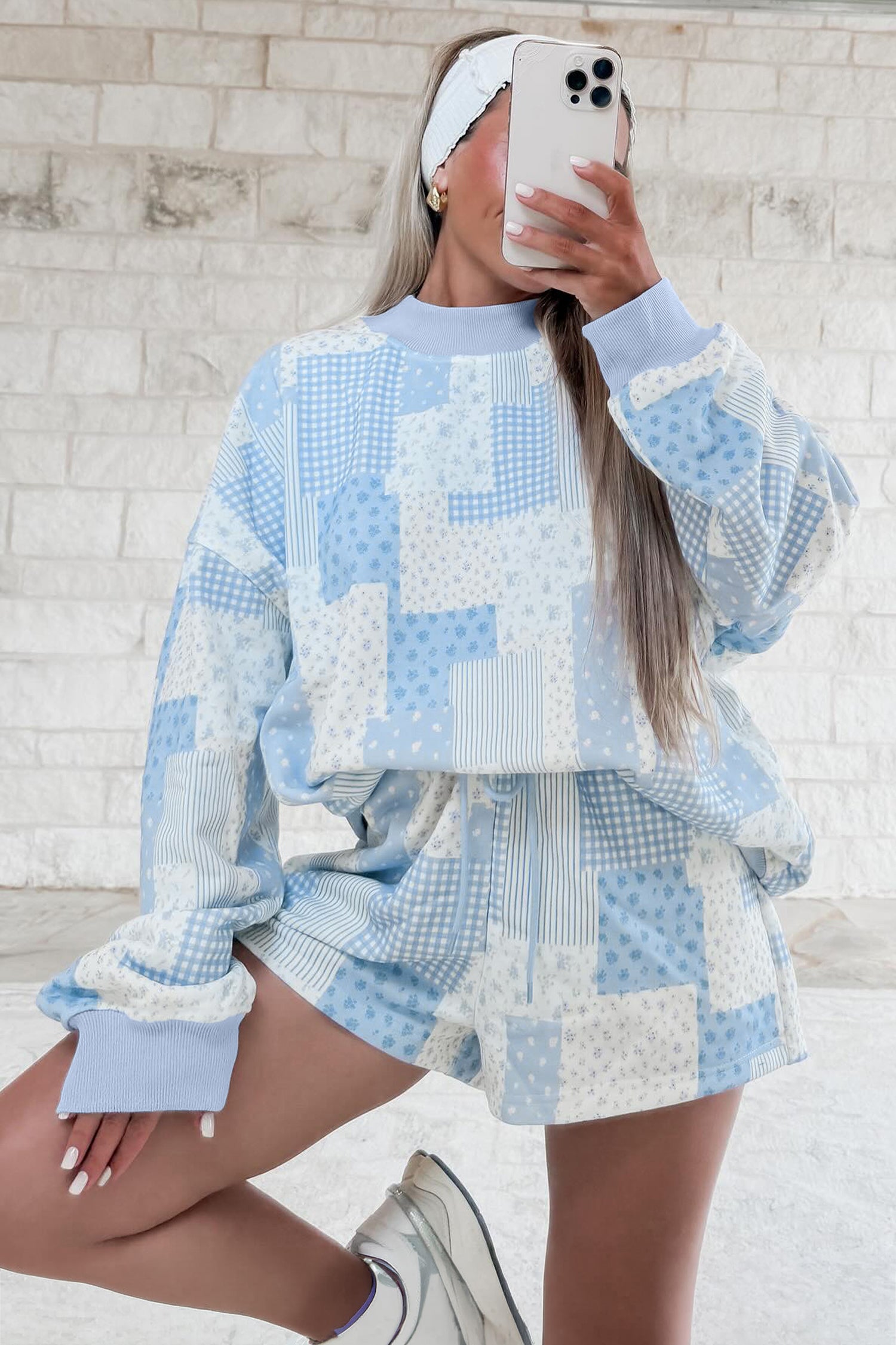 Sky Blue Patchwork Floral Print Drop Shoulder Baggy Pullover Drawstring Shorts Set