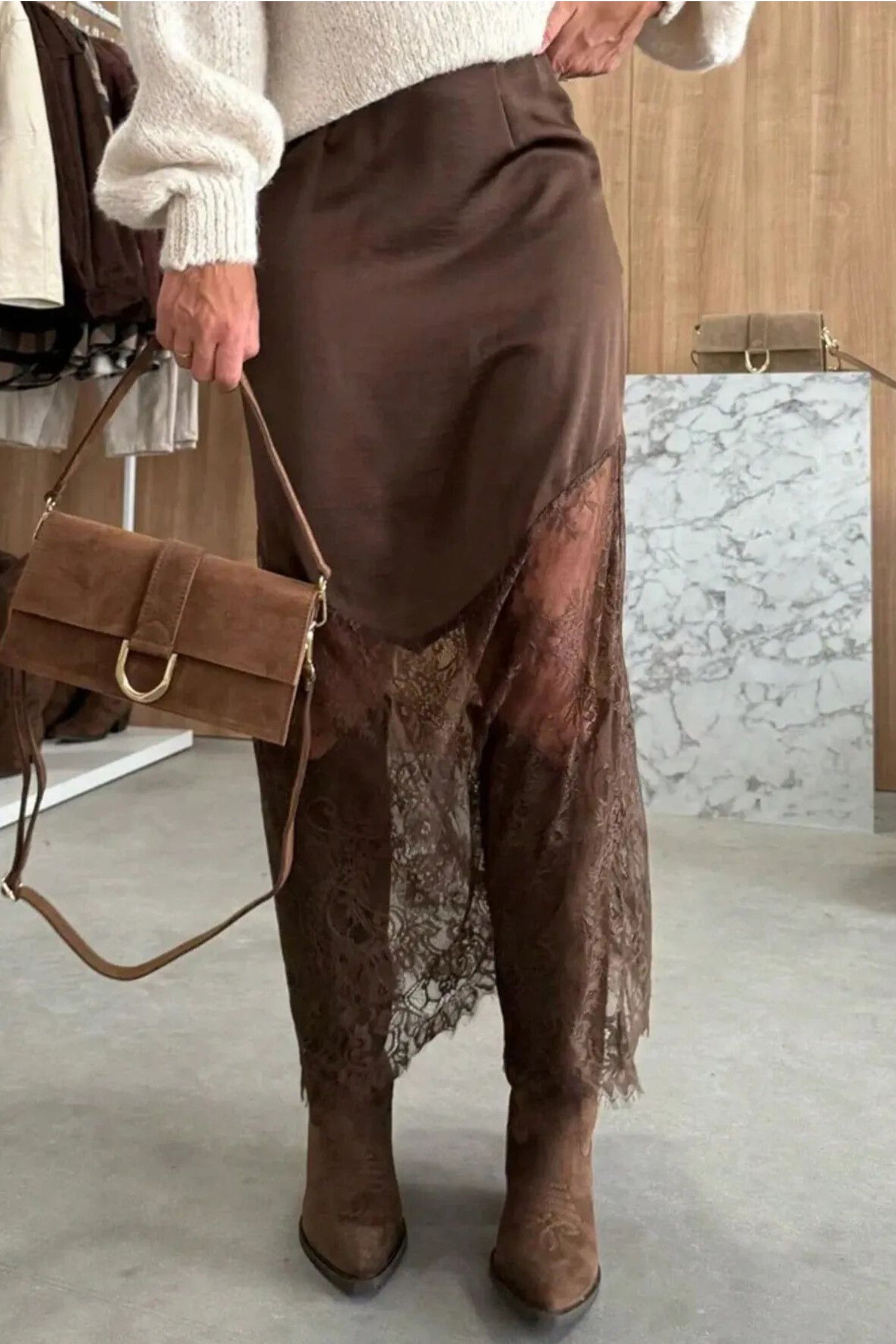 Dark Brown Lace Patchwork Hem Long Casual Shift Skirt