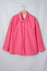 Red Stripe Button-Up Shirt Long Sleeve Patch Pocket Casual Shirt