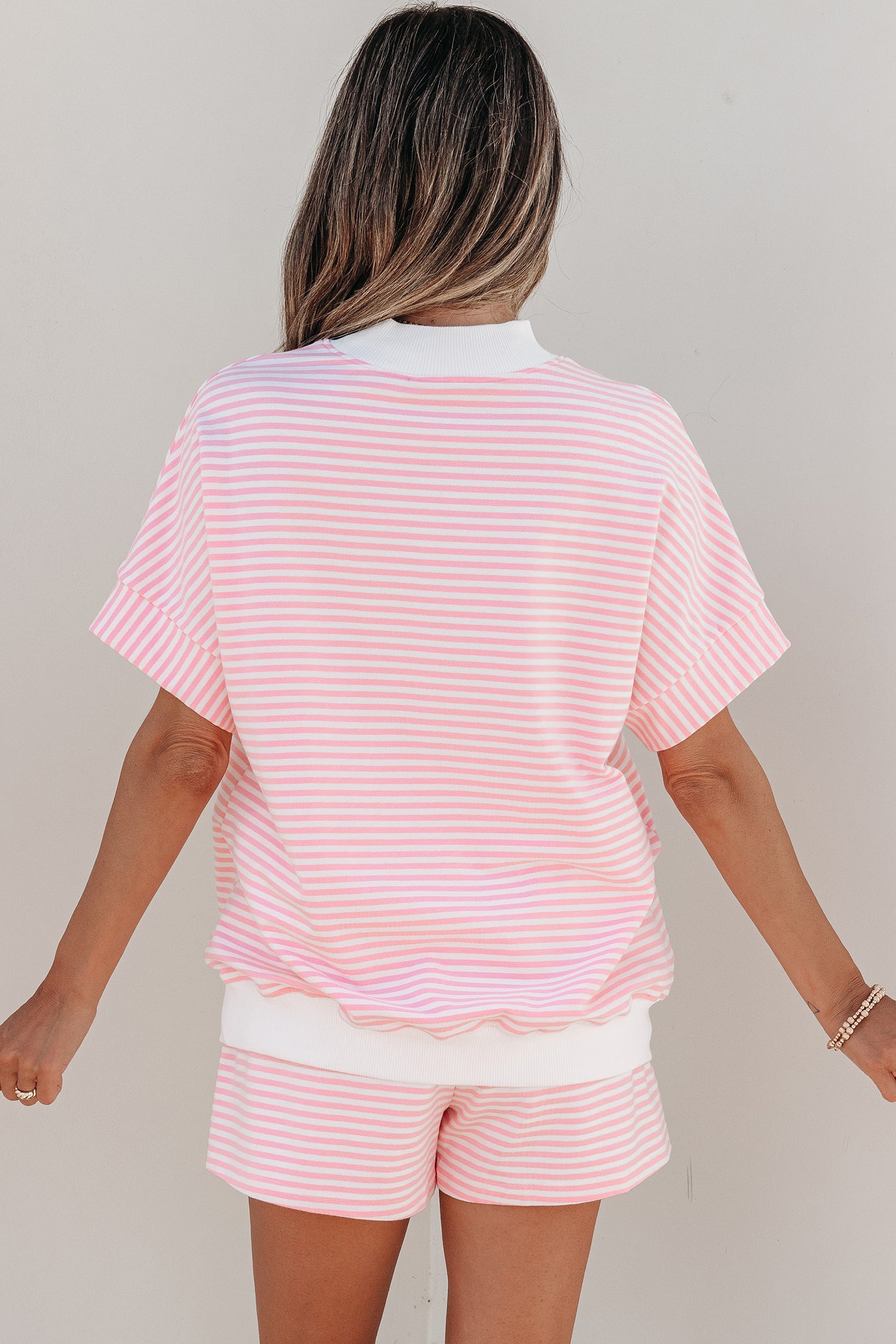 Pink Stripe Cuffed Sleeve Contrast Mock Neck Tee Casual 2pcs Short Set