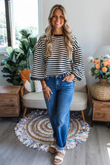 Black Striped Round Neck Contrast Trim Bell Sleeve Top