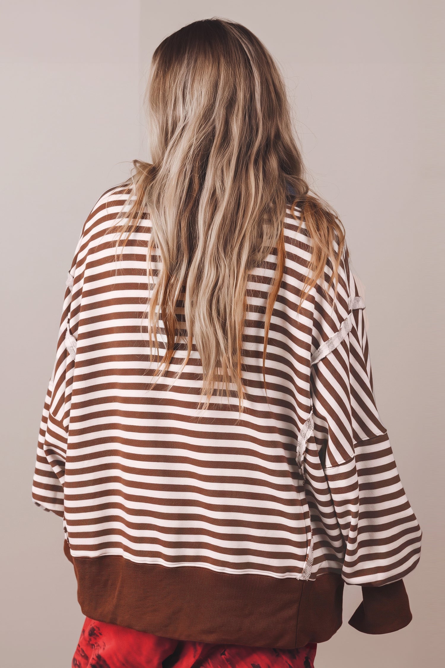 Blue Stripe Color Block Trim Raw Seam Split Hem Loose Pullover Sweatshirt