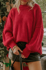 Red Dahlia Long Sleeve Ribbed Knit Stand Neck Regular Fit Sweater