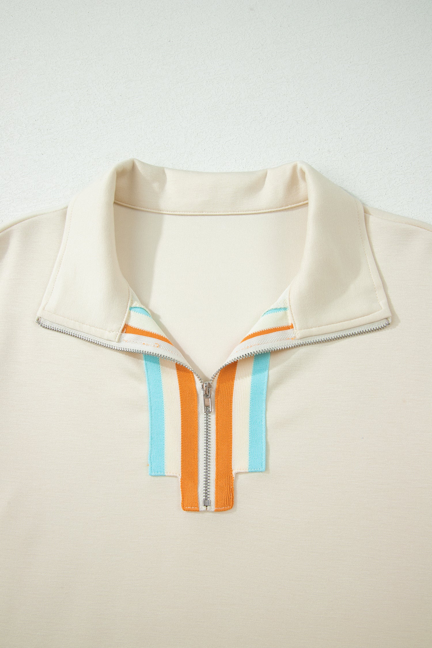 Apricot Colorful Striped Detail Half Zip Polo Tee Loose Shorts Set