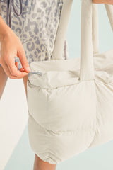 White Solid Quilted Puffy Zipped Large Tote Bag