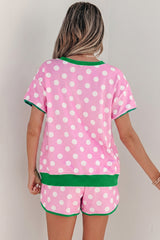 Pink Polka Dot Contrast Edge Casual Short Set