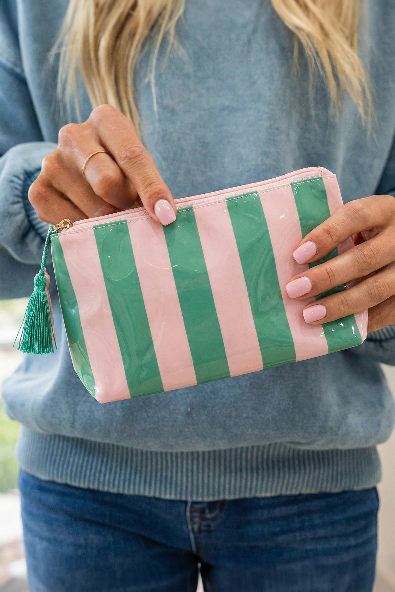 Carrot Striped Vinyl Waterproof Tassel Zipper Makeup Bag