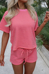 Rose Stripe Side Split Knit Tee Drawstring Shorts Set
