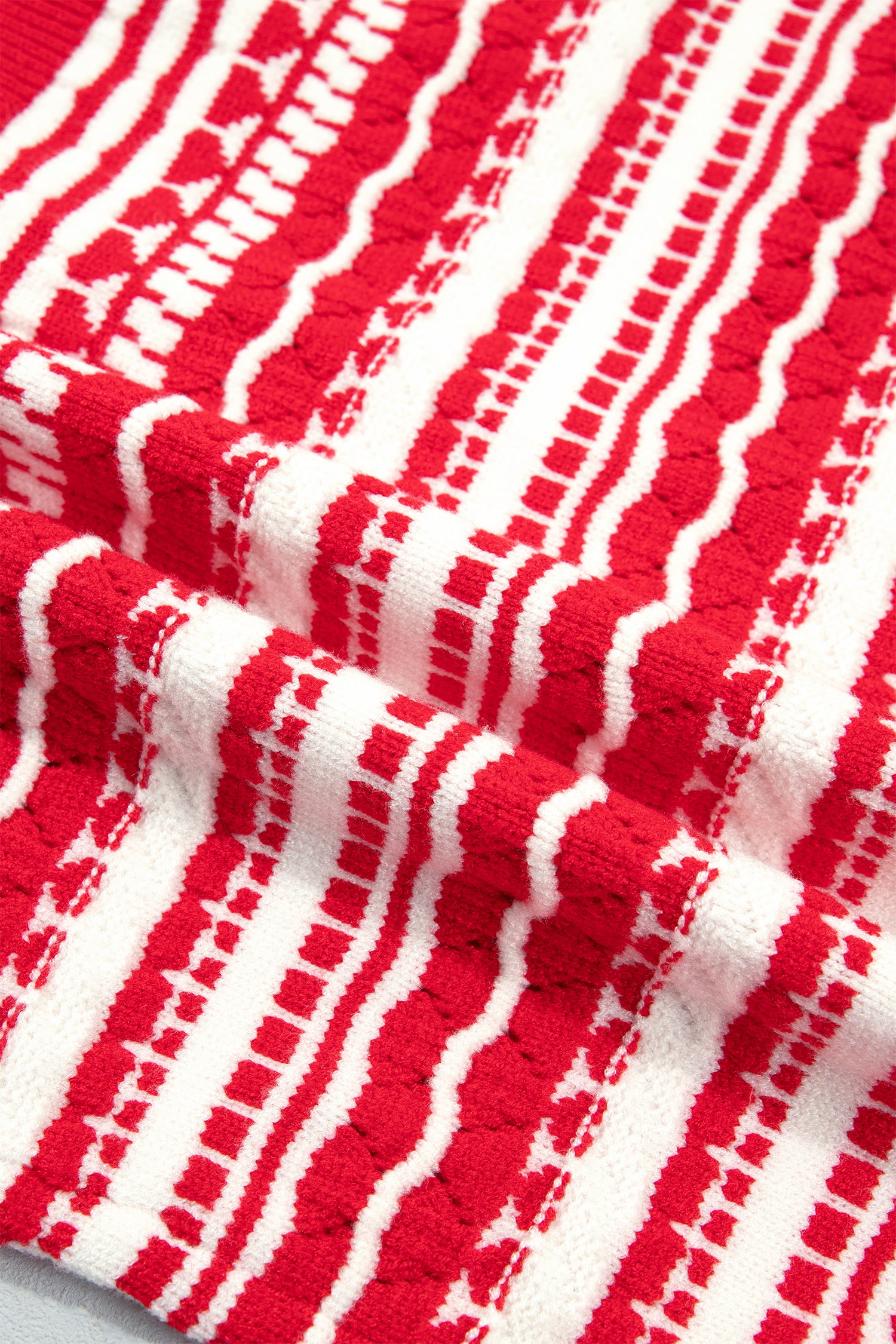 Red Geometric Striped Pattern V Neck Button Front Casual Knit Cardigan