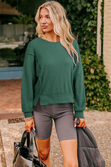 Evergreen Solid Color Raw Seam Patchwork Ribbed Drop Shoulder Sweatshirt
