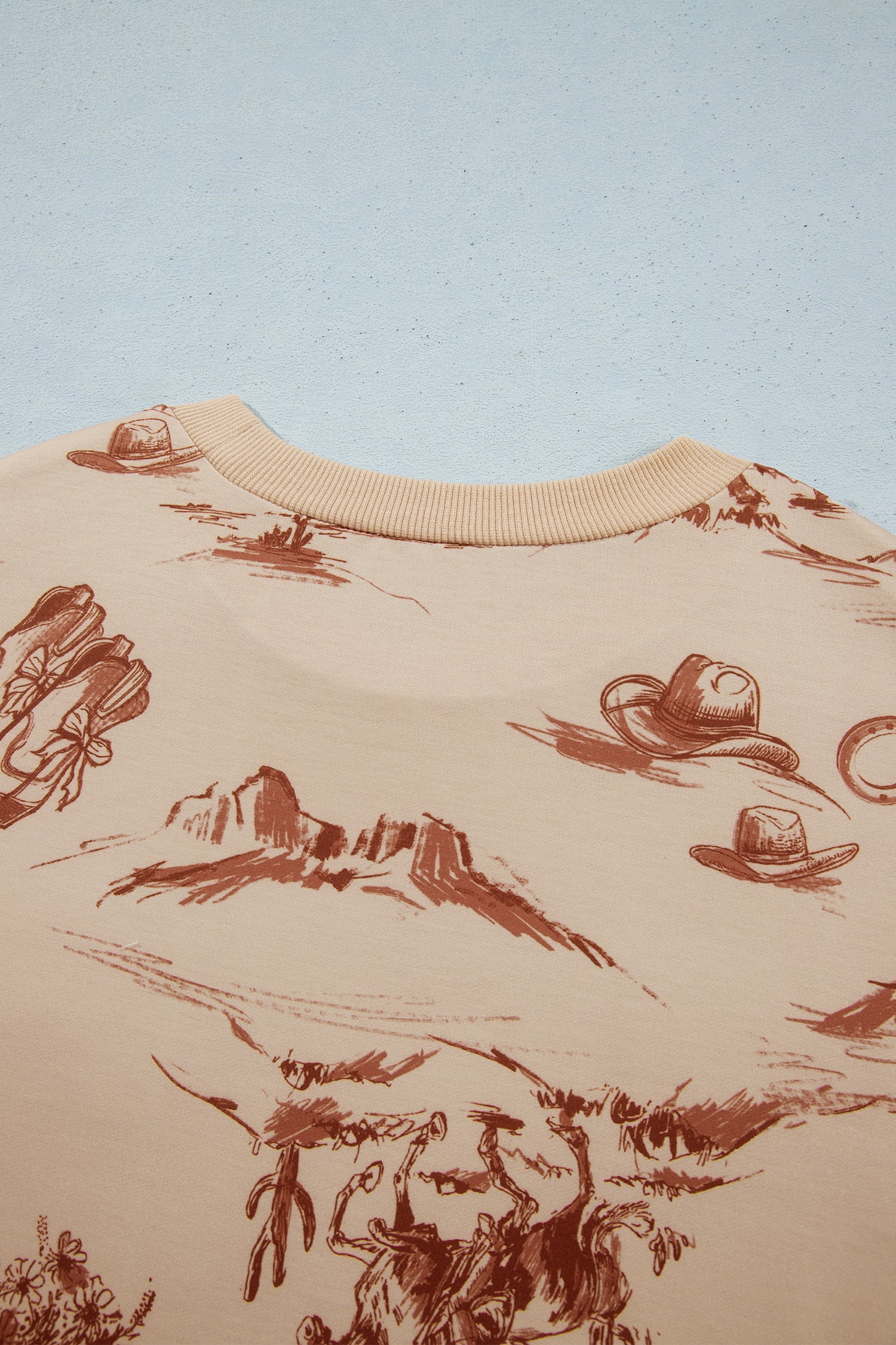 Beige Western Print Loose Fit Long Sleeve Top Short Set