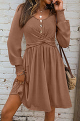 Chestnut Shirred Cuff Long Sleeve Button Round Neck Mini Dress