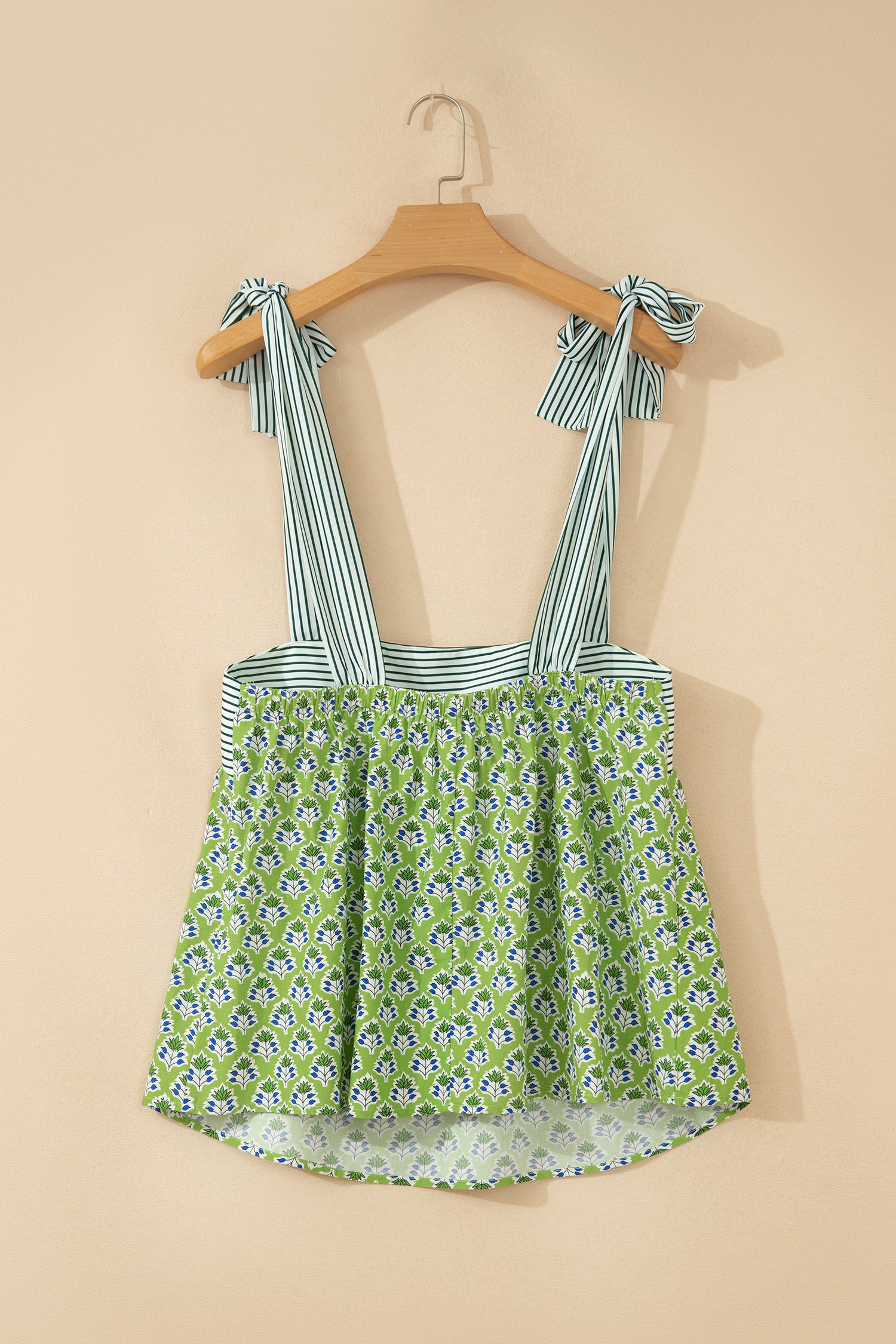 Green Floral Printed Knot Straps Babydoll Tank Top