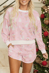 Pink Christmas Tree Nutcracker Doll Print Contrast Trim Long Sleeve Top Matching Shorts Set