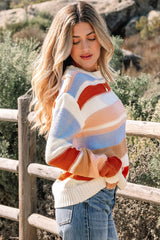 Pink Striped Colorblock Round Neck Drop Shoulder Sweater