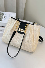 Black PU Leather Chain Handle Woven Textured Knit Tote Bag