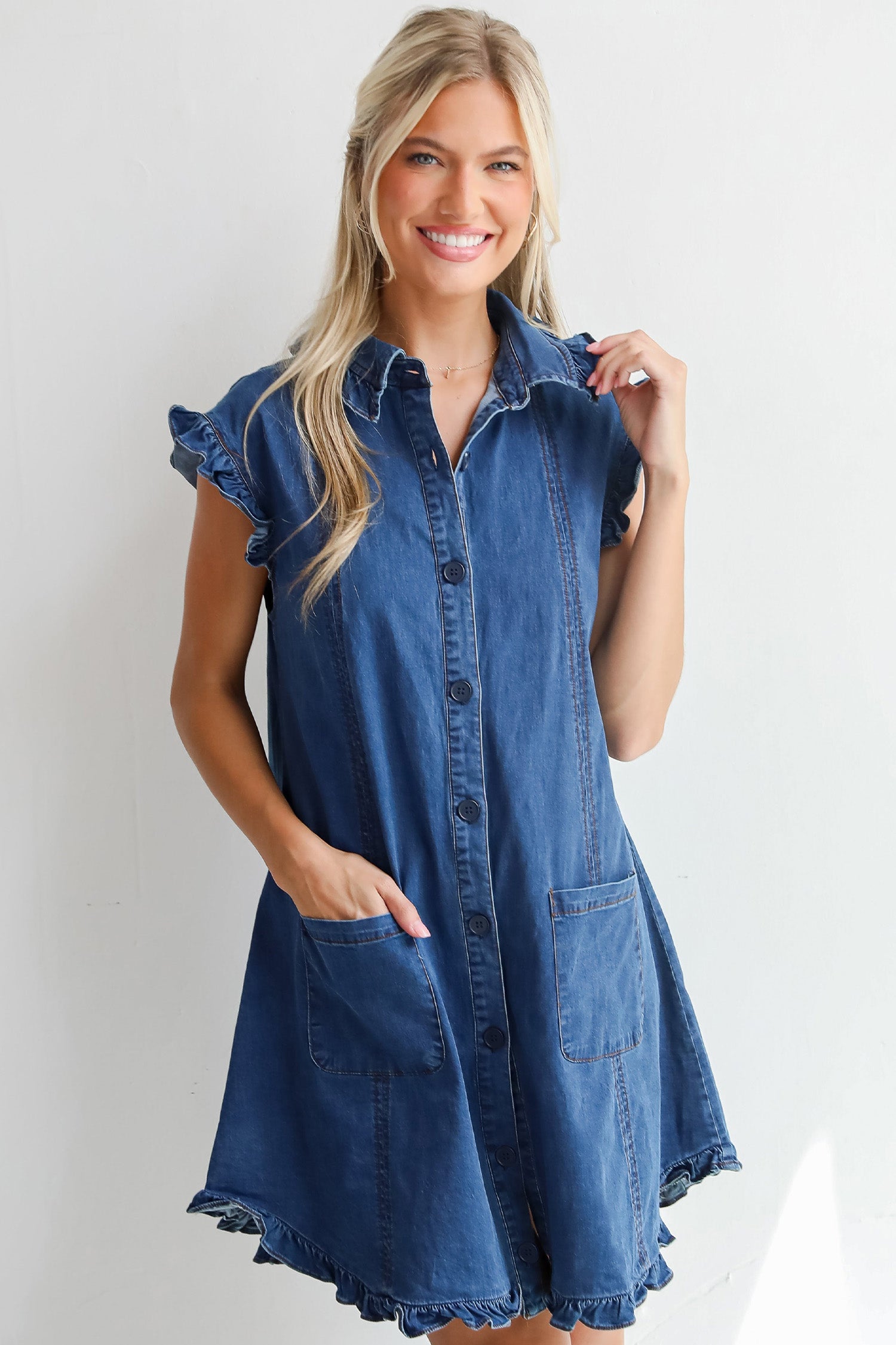 Sail Blue Ruffled Edge Collared Shift Denim Dress with Pockets