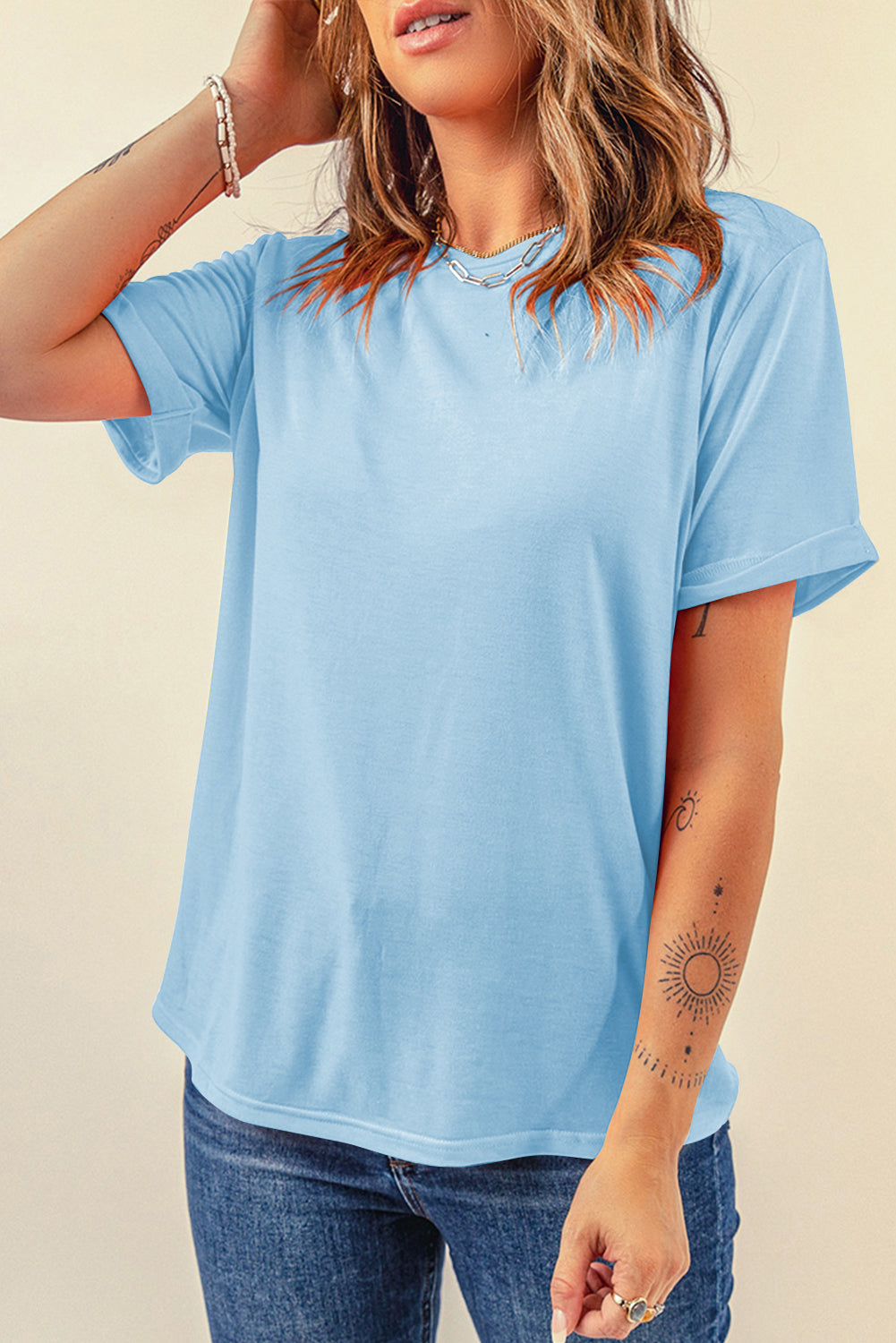 Yellow Cream Casual Plain Crew Neck Tee