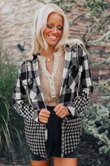 Black Plaid Patchwork Drawstring Hooded Raw Hem Shacket