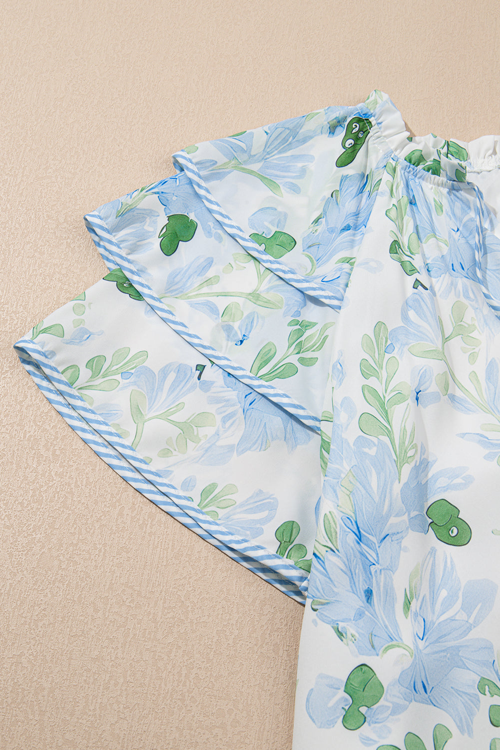 Sky Blue Floral Contrast Edge Ruffle Sleeve Tie Neck Mini Dress