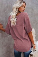 Rose Exposed Seam Drop Sleeve V Neck Waffle Textured Top
