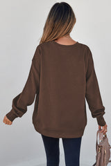 Coffee Solid Color Textured Round Neck Drop Shoulder Pullover Sweatshirt