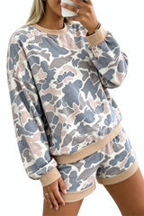 Multicolour Camouflage Patchwork Colorblock 2pcs Long Sleeve Top and Shorts Set