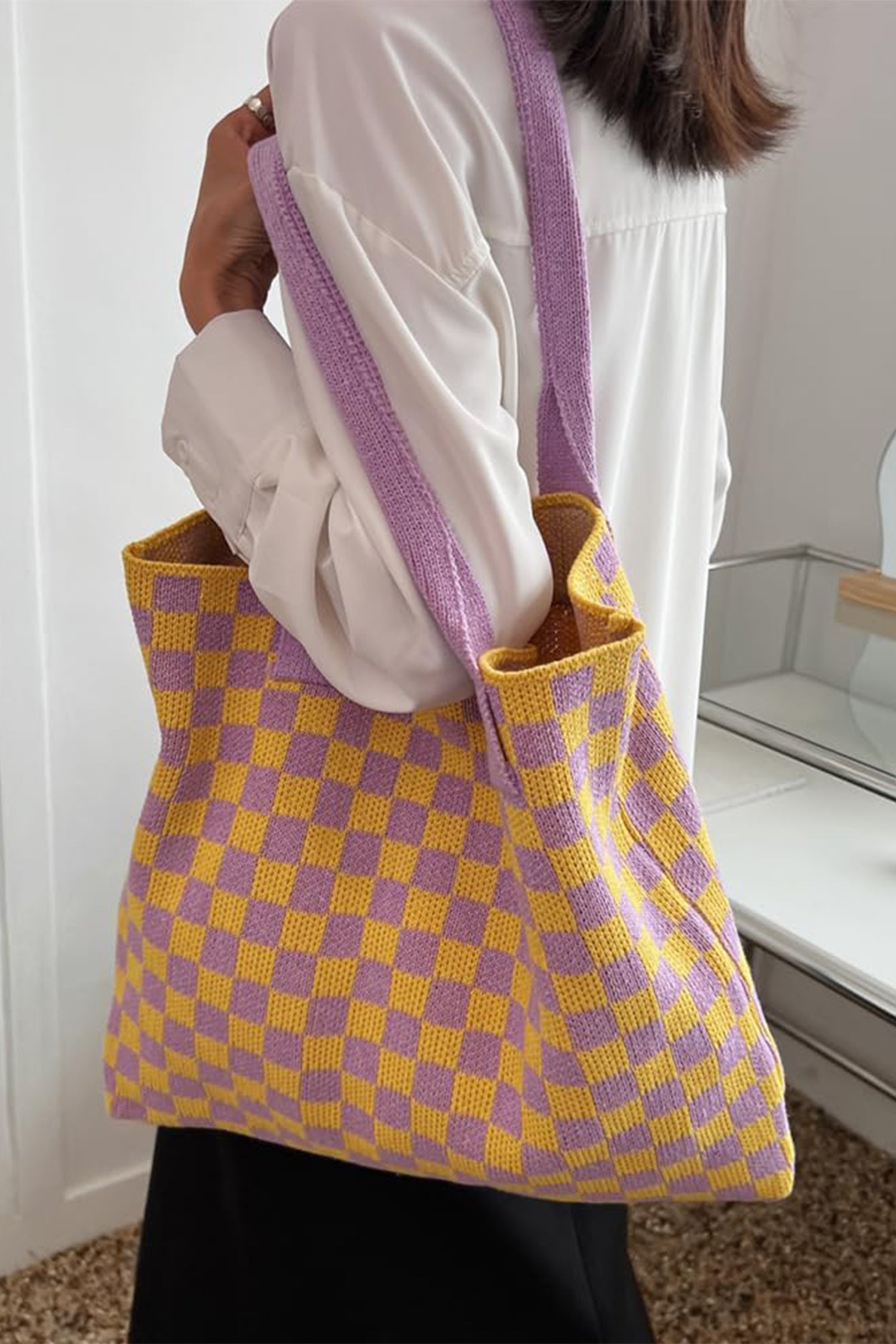 Color black Checkered Knit Eco-Friendly Tote Bag