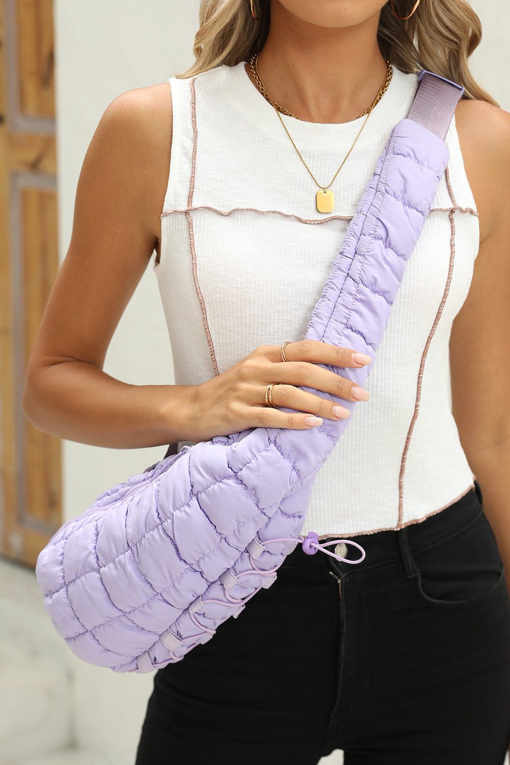 White Marshmallow Quilted Drawstring Decor Sling Bag