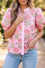 Pink Sweet Blooms Ruffle Striped Trim Puff Sleeve Shirt