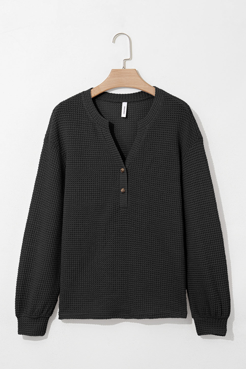 Black Button Notched Neck Waffle Knit Long Sleeve Top