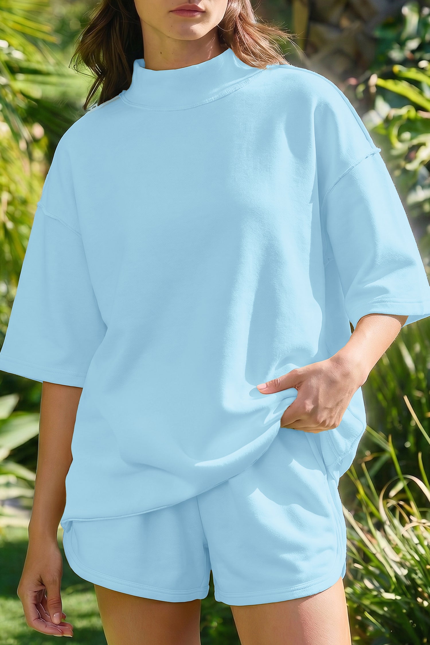Mist Blue Solid Color Exposed Seam Mock Neck Oversize Tee Casual Shorts 2pcs Outfit