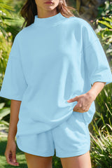 Mist Blue Solid Color Exposed Seam Mock Neck Oversize Tee Casual Shorts 2pcs Outfit