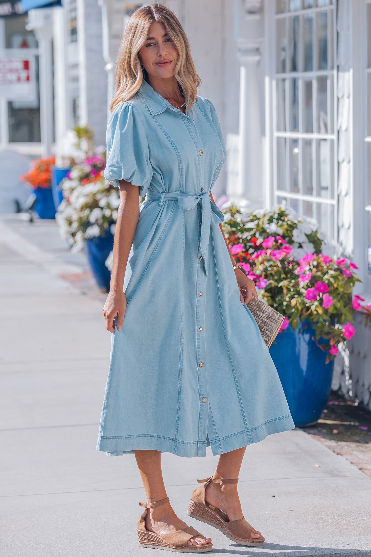 Sail Blue Full Buttons Collared Short Bubble Sleeve Long Denim Dress