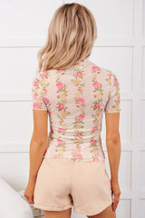 Beige Floral Print Mock Neck Short Sleeve Mesh Top