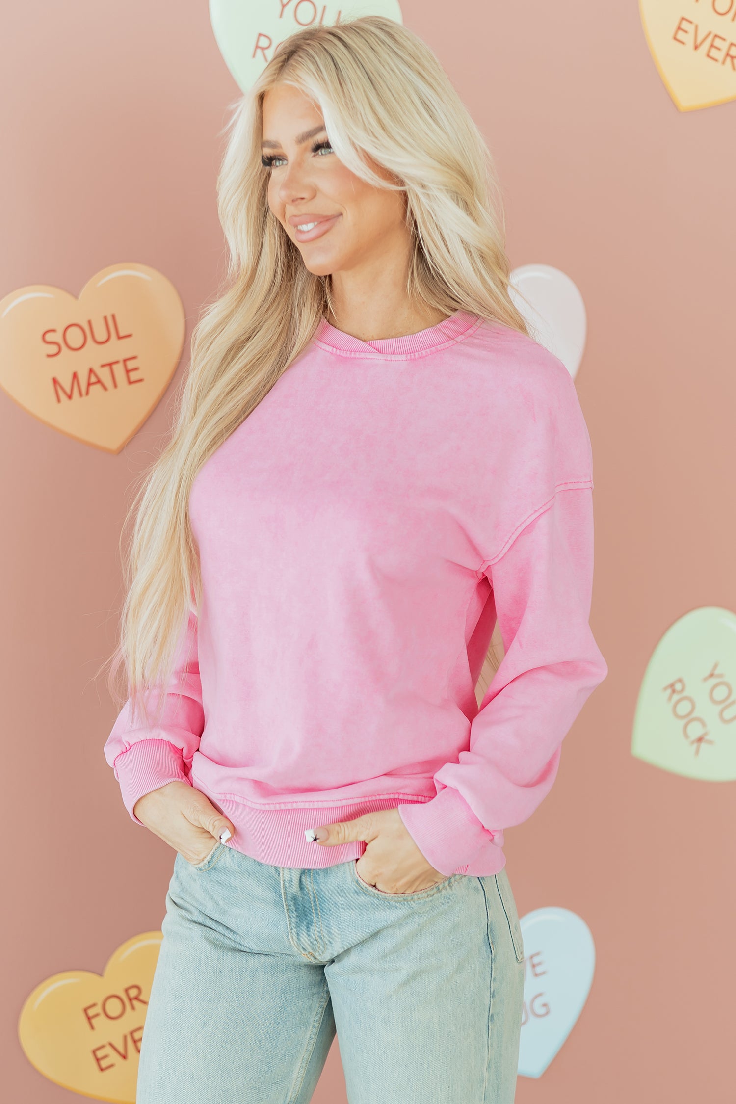 Bright Pink Mineral Wash Crossed Crew Neck Drop Shoulder Loose Sweatshirt