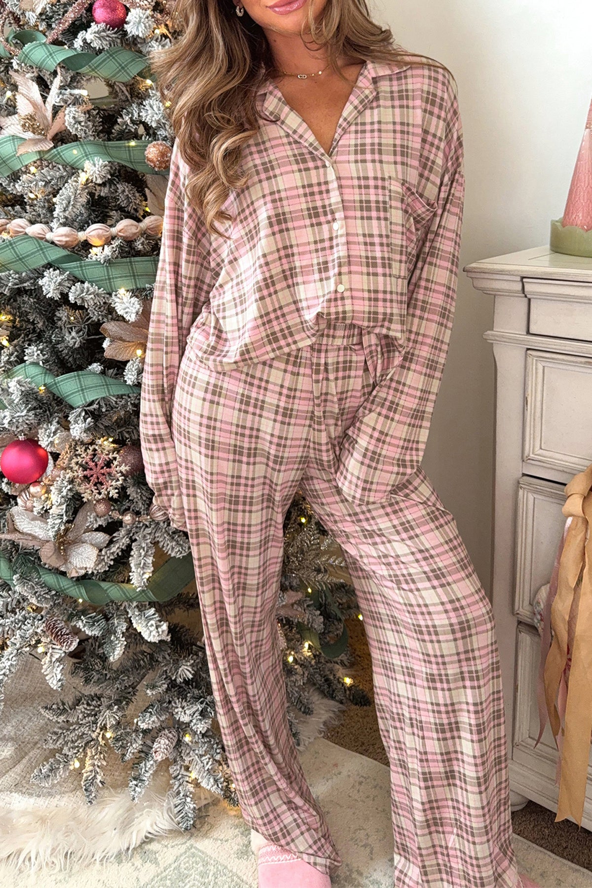 Pink Plaid Patch Pockets Long Sleeve Lounge Set