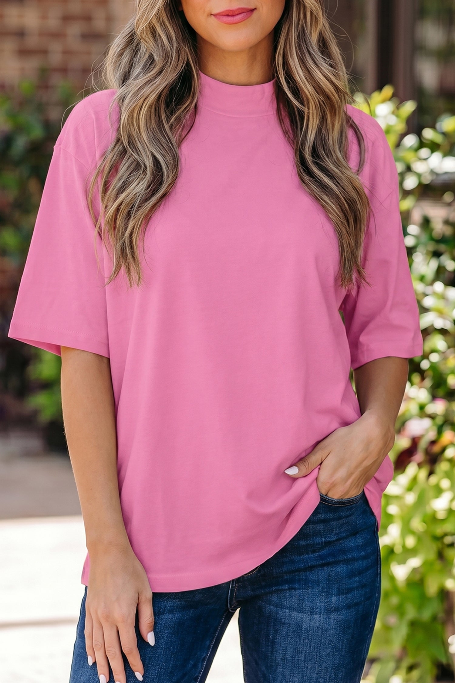 Dark Blue Solid Color High Neck Oversize Tee
