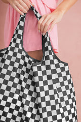 Color black Checkered Print Large Capacity Canvas Shoulder Bag