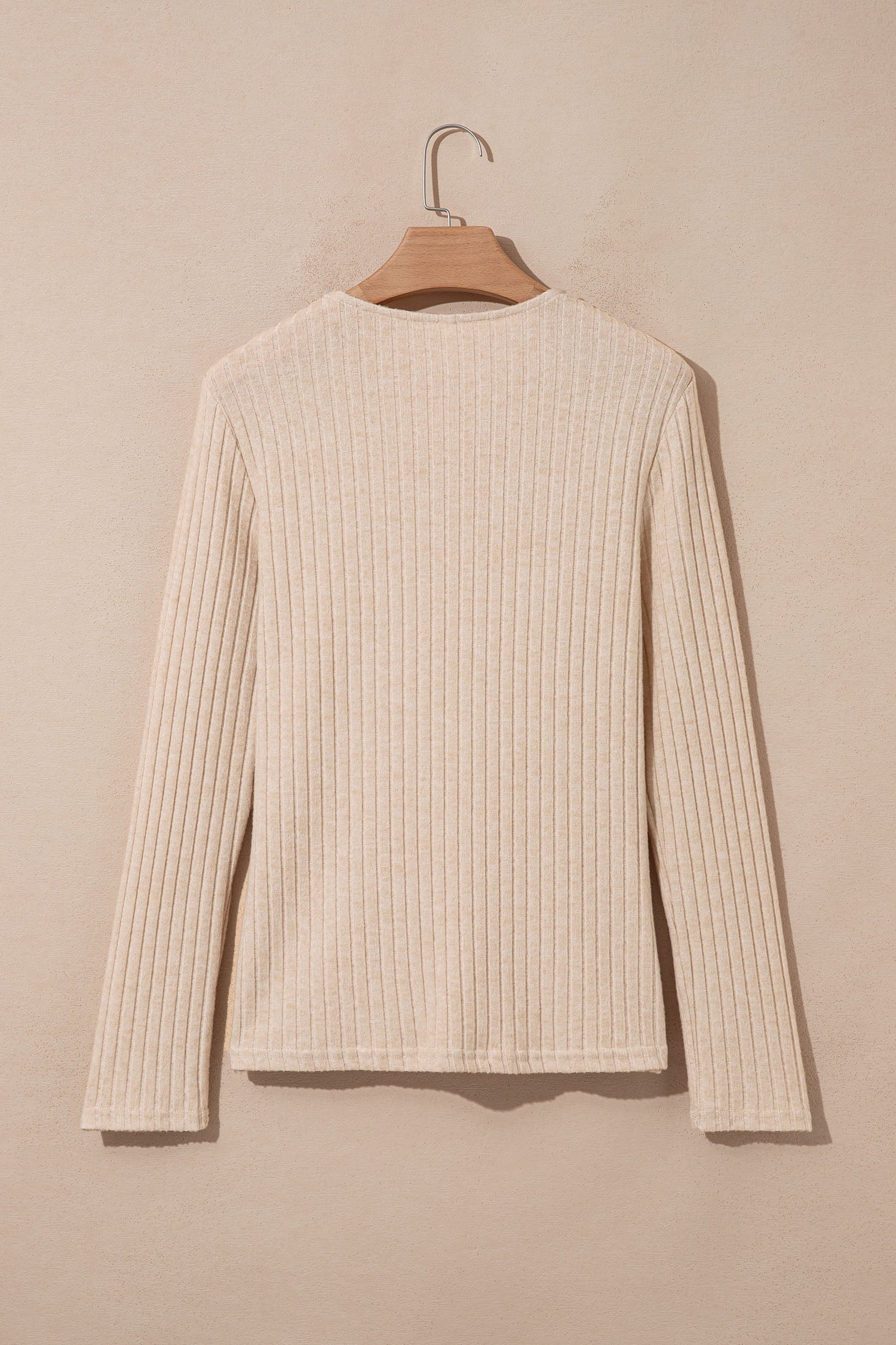 Apricot Solid Color Ribbed Knit Cowl Neck Long Sleeve Top
