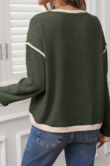 Four Leaf Clover Contrast Color Trim Knit Drop Shoulder Loose Top