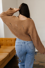 Camel Hollowed Detail Wide Sleeve Loose Pullover Sweater
