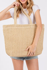 Camel Solid Color Straw Woven Summer Beach Tote Bag