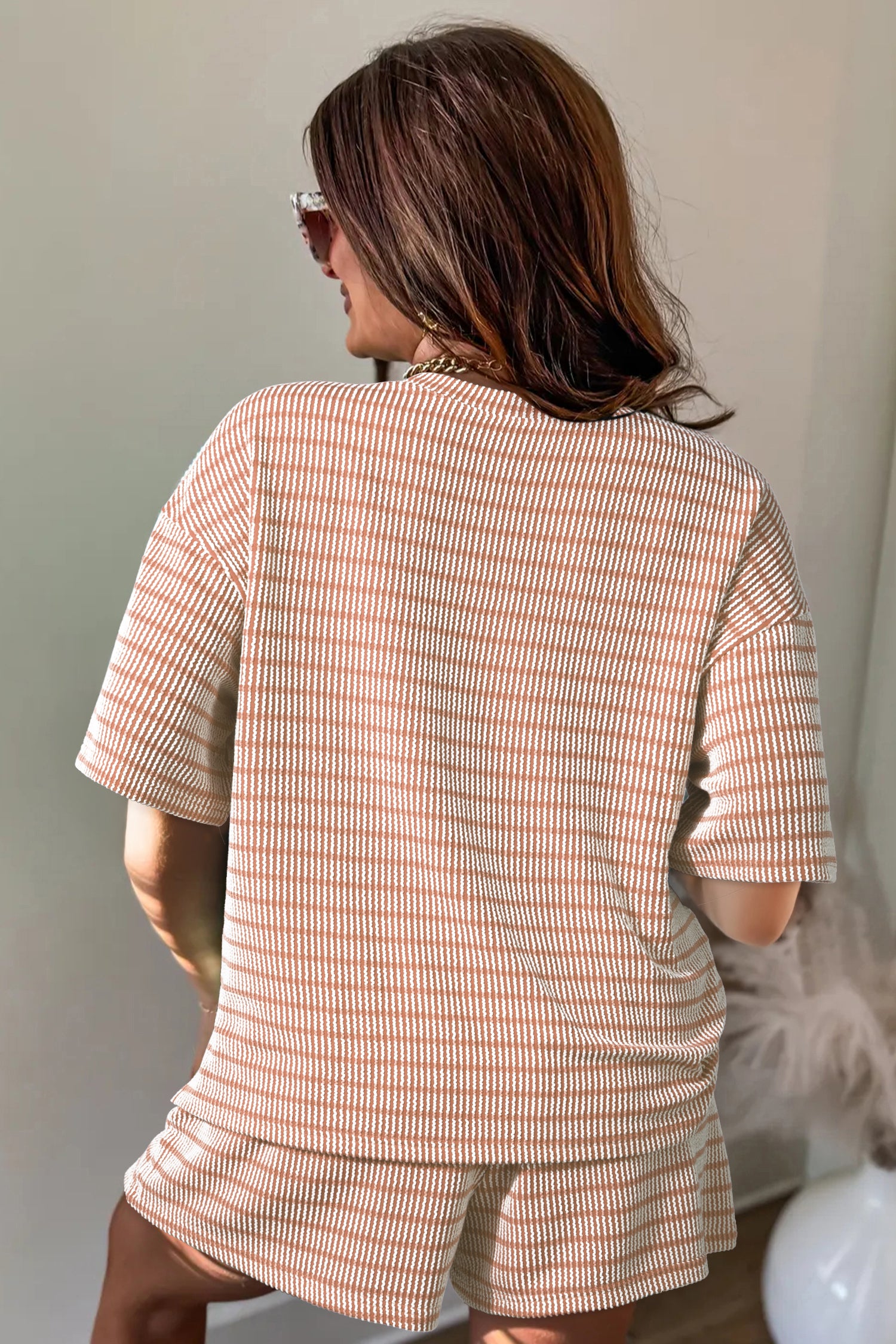 Khaki Stripe Raised Rib Loose Tee Drawstring Elastic Waist 2pcs Short Set